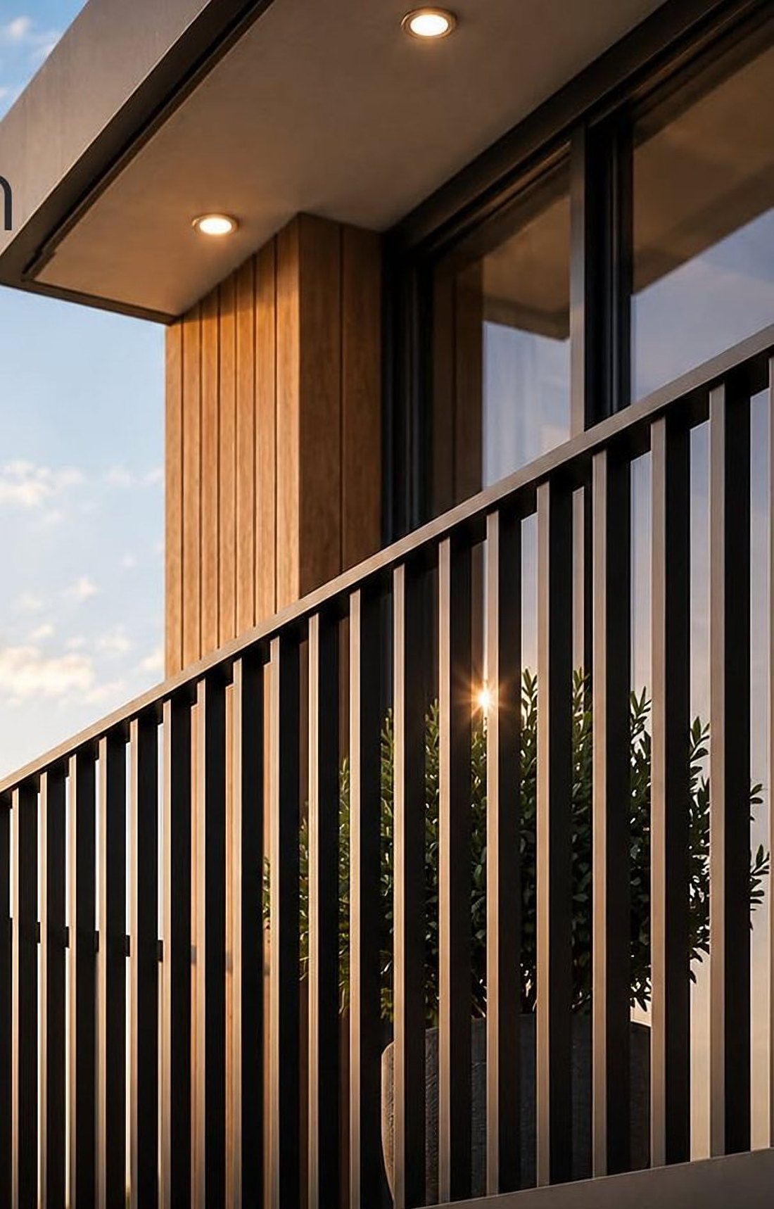 Gün batımında dikey alüminyum balkon korkuluğu