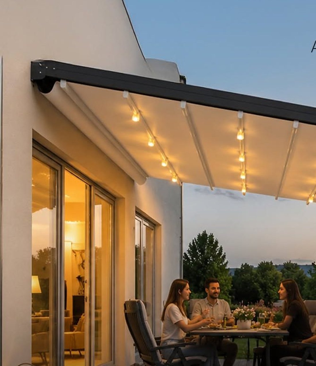 Aydınlatmalı pergola altında akşam yemeği
